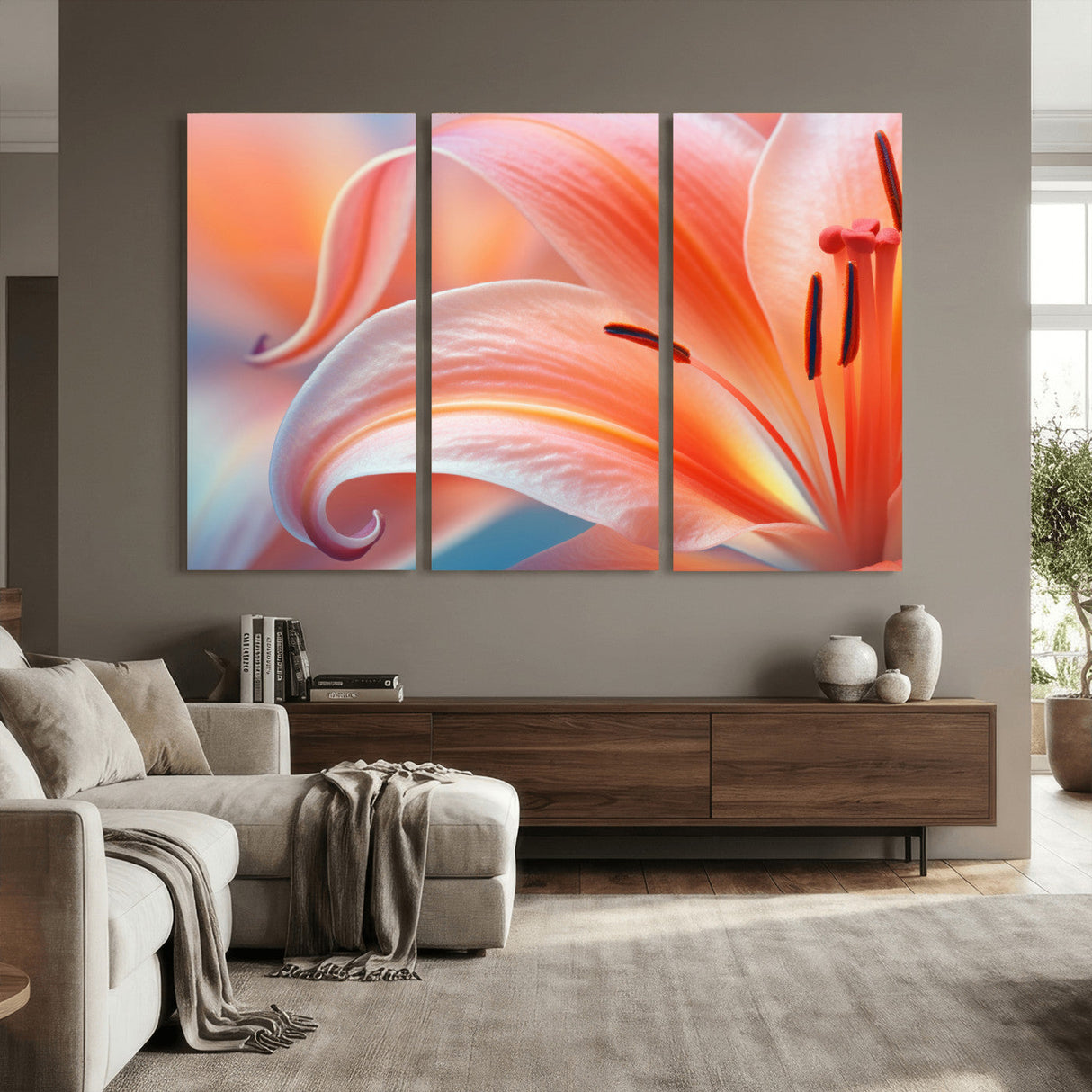 Peach Lily Canvas Wall Art, Coral Pink Flower Macro Photo Print, Botanical Bedroom Decor, Soft Floral Photography, Living Room Wall Art