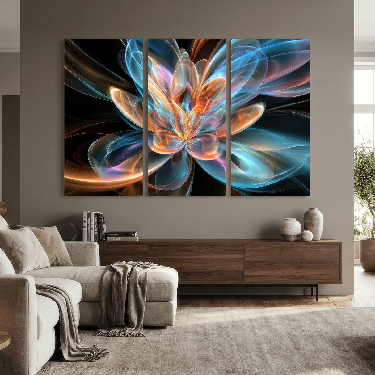 Fractal Lotus Canvas Wall Art, Blue Orange Glowing Flower Abstract Print, Modern Zen Meditation Room Decor, Ethereal Digital Art, Living Room