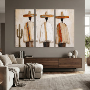 Mexican Wall Art Canvas Print, Southwestern Sombrero Poncho Painting, Neutral Earthy Boho Decor, Fiesta Living Room Art, Impasto Style Print
