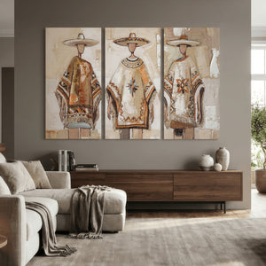 Mexican Folk Art Canvas Wall Art, Charro Poncho Sombrero Painting Print, Neutral Beige Boho Decor, Southwestern Impasto Style, Living Room Art