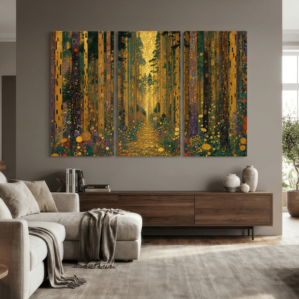 Gustav Klimt Style Forest Canvas Wall Art, Golden Forest Path Floral Art Nouveau Print, Enchanted Woodland Decor