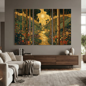 Gustav Klimt Style Forest Canvas Wall Art, Golden Forest Path Floral Art Nouveau Print, Enchanted Woodland Decor