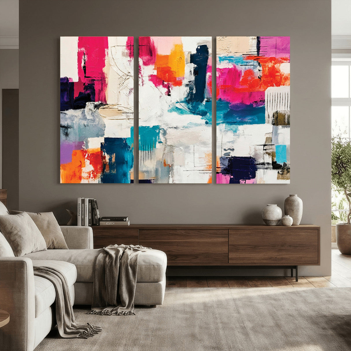 Blue Teal Abstract Canvas Wall Art, Modern Textured Painting Print, Navy Orange White Contemporary Art, Neutral Living Room Decor, Office Art