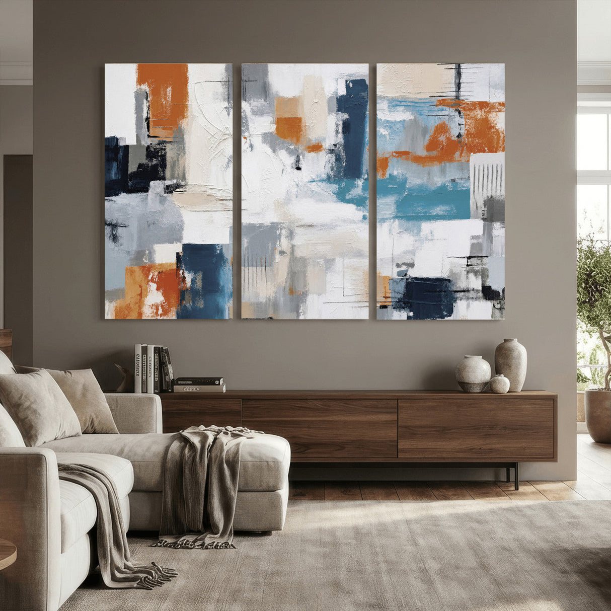 Blue Teal Abstract Canvas Wall Art, Modern Textured Painting Print, Navy Orange White Contemporary Art, Neutral Living Room Decor, Office Art