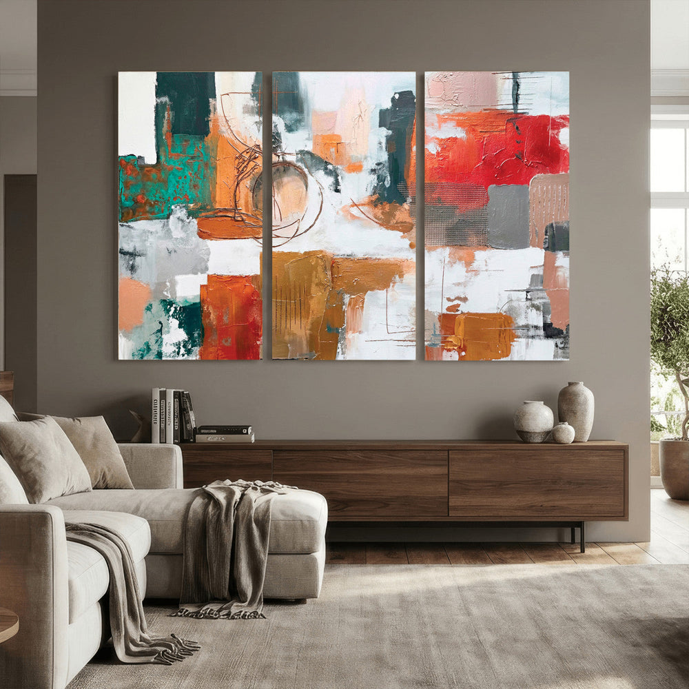Blue Teal Abstract Canvas Wall Art, Modern Textured Painting Print, Navy Orange White Contemporary Art, Neutral Living Room Decor, Office Art