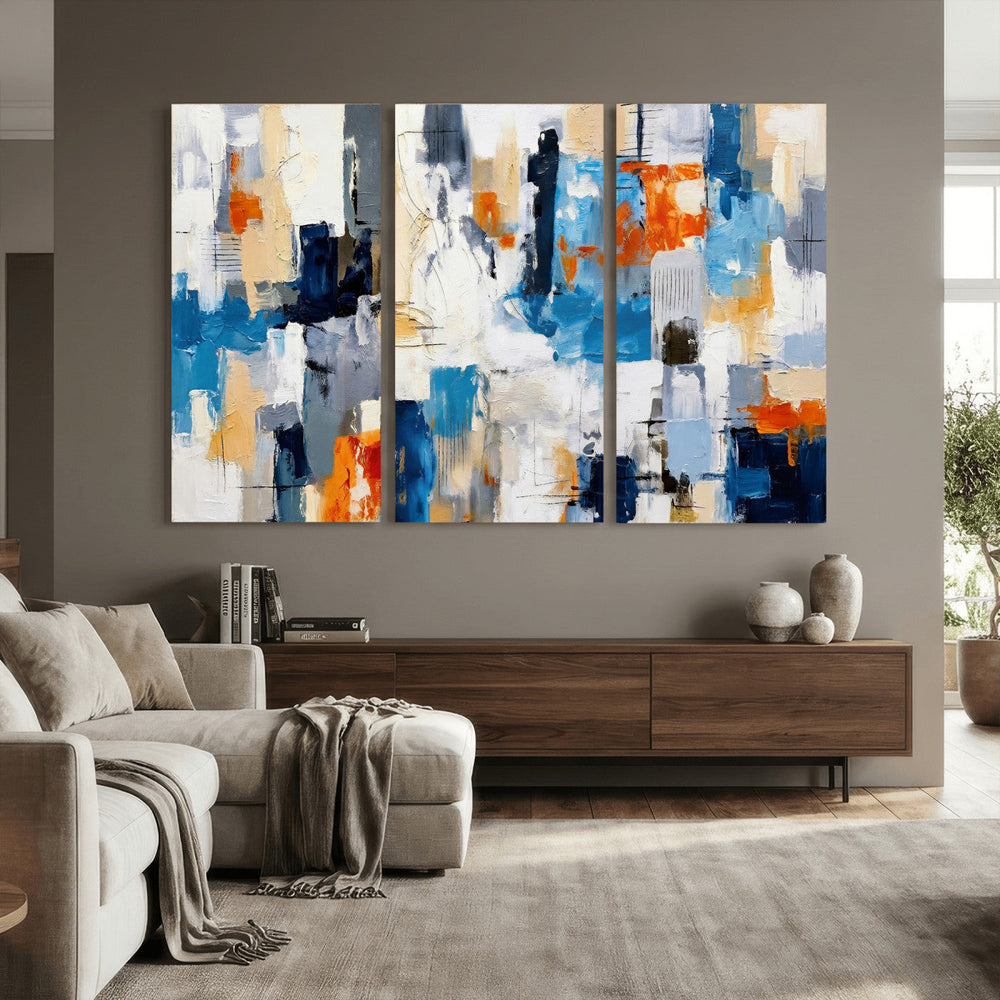 Blue Teal Abstract Canvas Wall Art, Modern Textured Painting Print, Navy Orange White Contemporary Art, Neutral Living Room Decor, Office Art