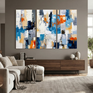 Blue Teal Abstract Canvas Wall Art, Modern Textured Painting Print, Navy Orange White Contemporary Art, Neutral Living Room Decor, Office Art