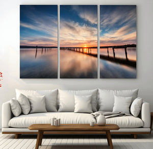 Wooden Pier on Seascape and Sunset Wall Art Canvas Print