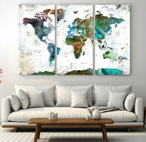 Modern Watercolor World Map Canvas Wall Art – Framed
