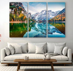Spectacular autumn view of Braies Lake Wall Art Canvas Print