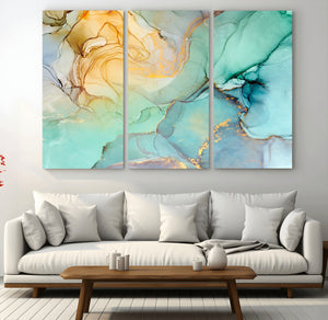 Abstract Aqua and Gold Fluid Wall Art Canvas | 3 Panel Large