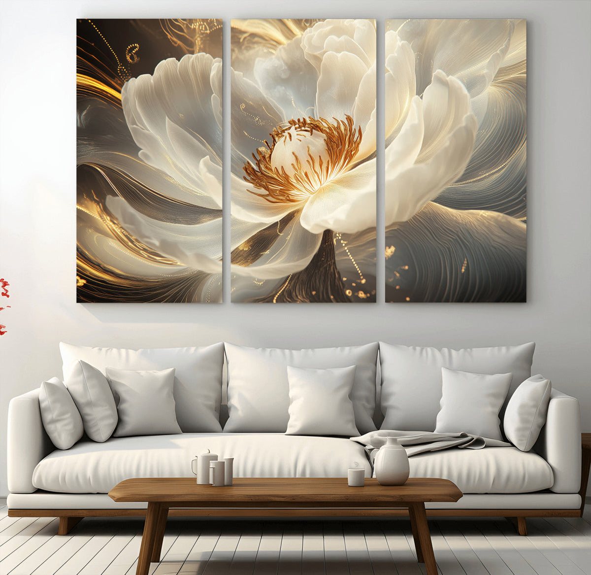 Gold Floral Wall Art Canvas Print, Framed Modern Flower Art