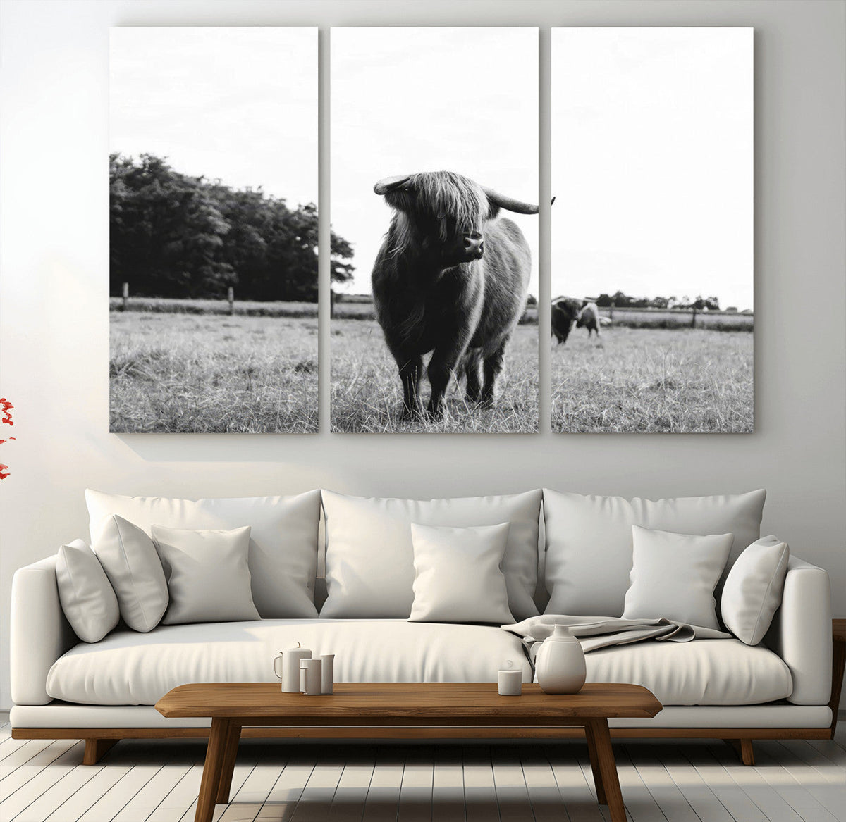 Black and White Highland Cow Wall Art Canvas Print | Rustic