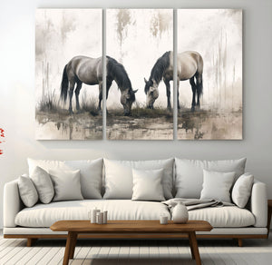Chines Ink Style Vintage Horses Wall Art Canvas Print for