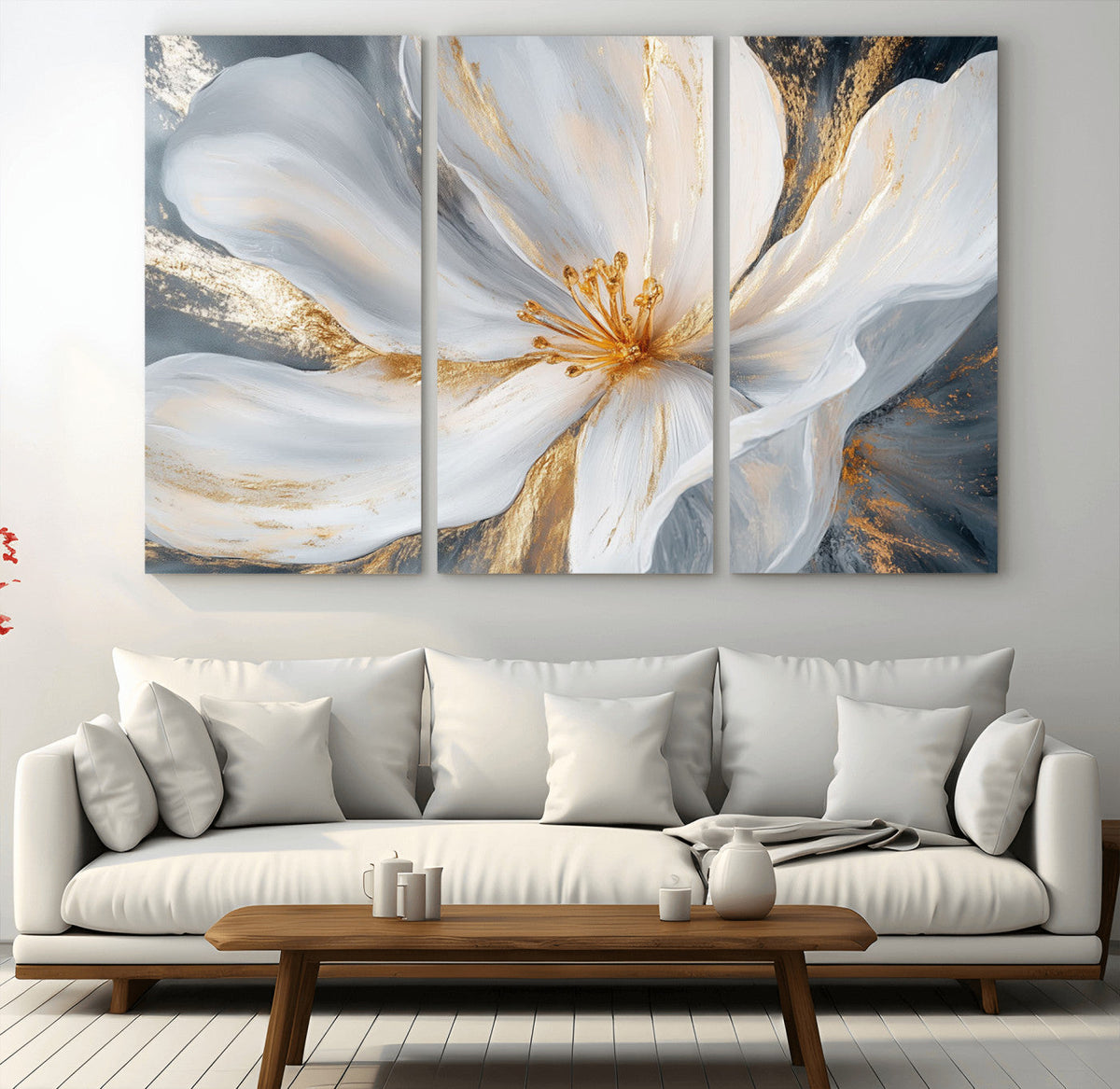 White and Gold Floral Canvas Wall Art - Framed and Ready to