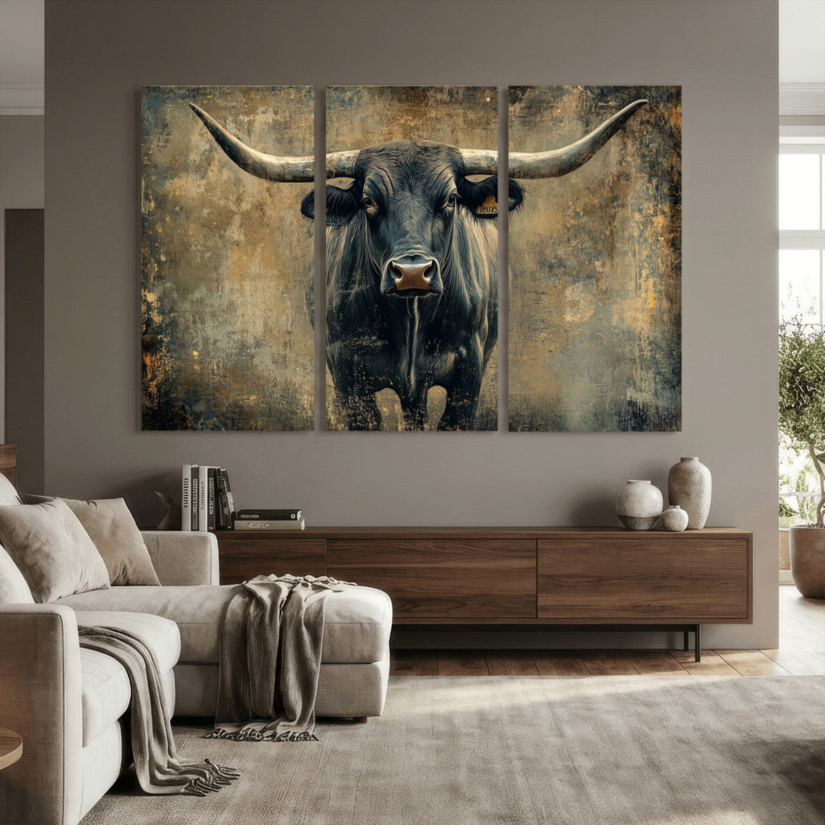 Texas Longhorn Bull Wall Art – Framed Rustic Cow Canvas