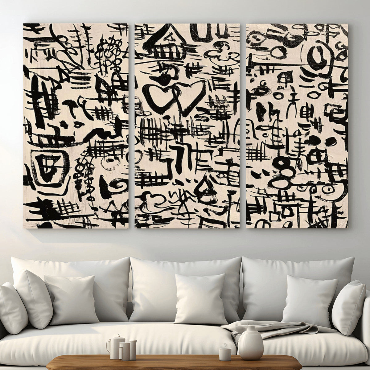 Abstract Love and Chaos Canvas Print, Black Symbols on Beige