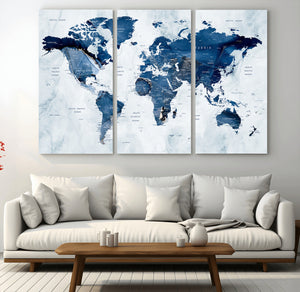 Modern Blue World Map Canvas Print – Framed Wall Art,