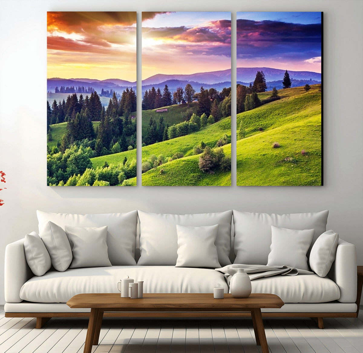 Green Hills and Sunset Wall Art Print - Scenic Landscape