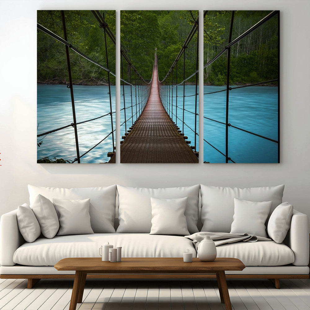 Suspension Bridge Over River Canvas Art | 3-Panel Nature