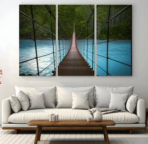 Suspension Bridge Over River Canvas Art | 3-Panel Nature