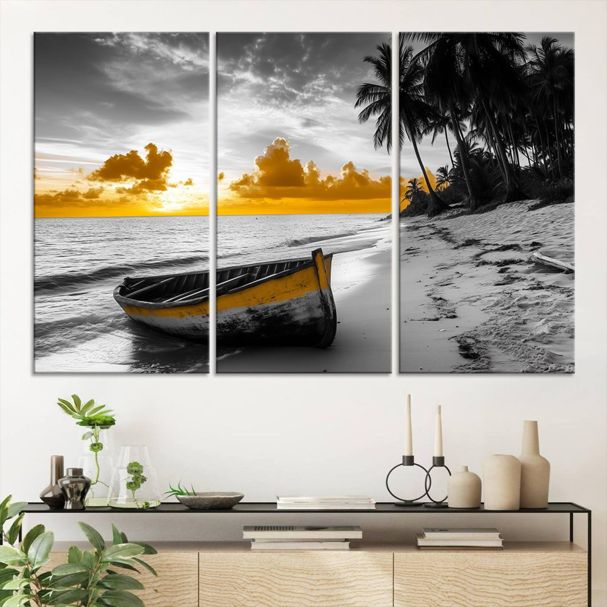 Yellow Rowboat Wall Art – Framed Tropical Shoreline Canvas