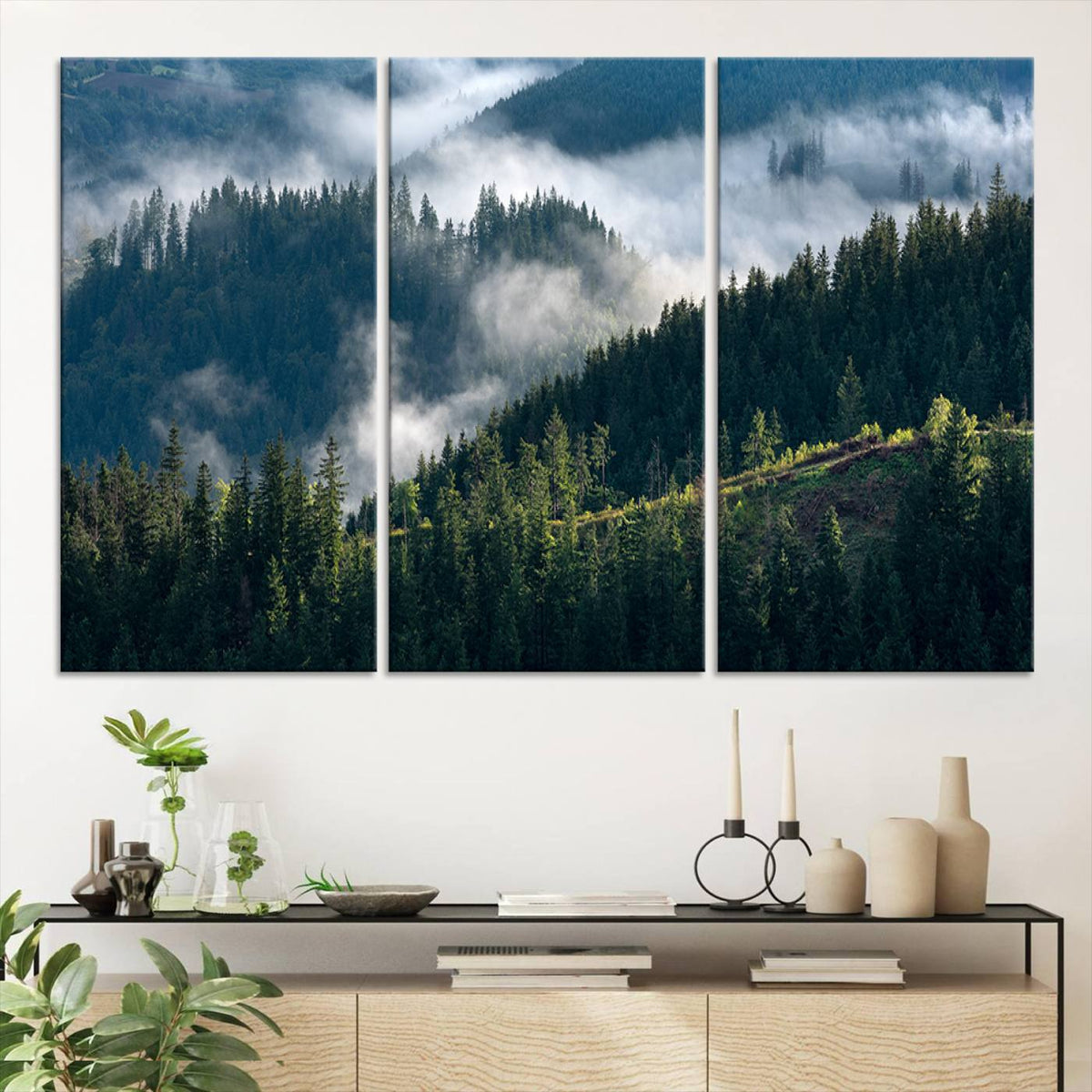 Misty Forest Wall Art Canvas Print, Serene Pine Hills and