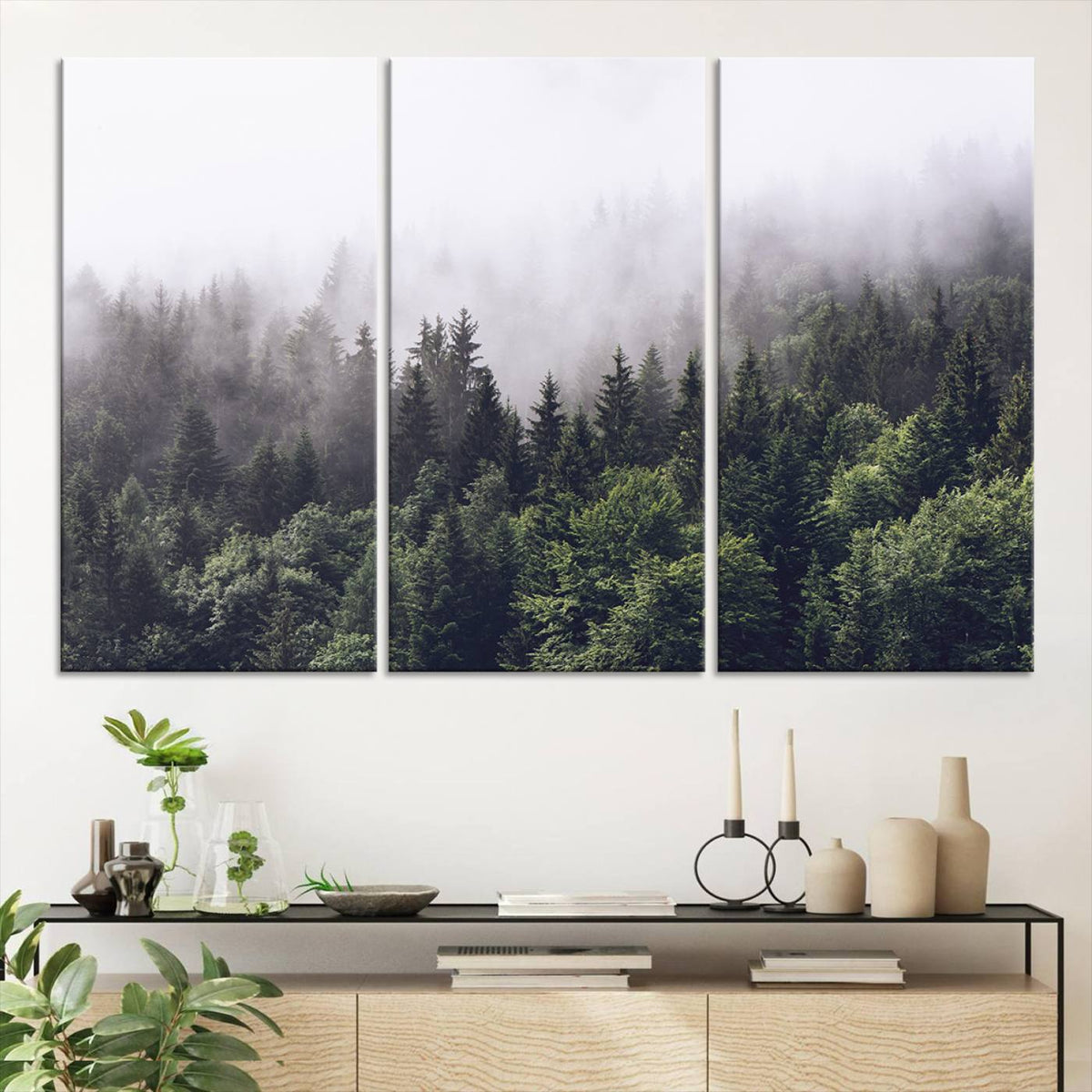 Misty Forest Wall Art Canvas Print, Serene Foggy Pines and