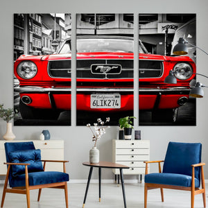 Red Mustang Car Wall Art – Framed Classic Vehicle Canvas