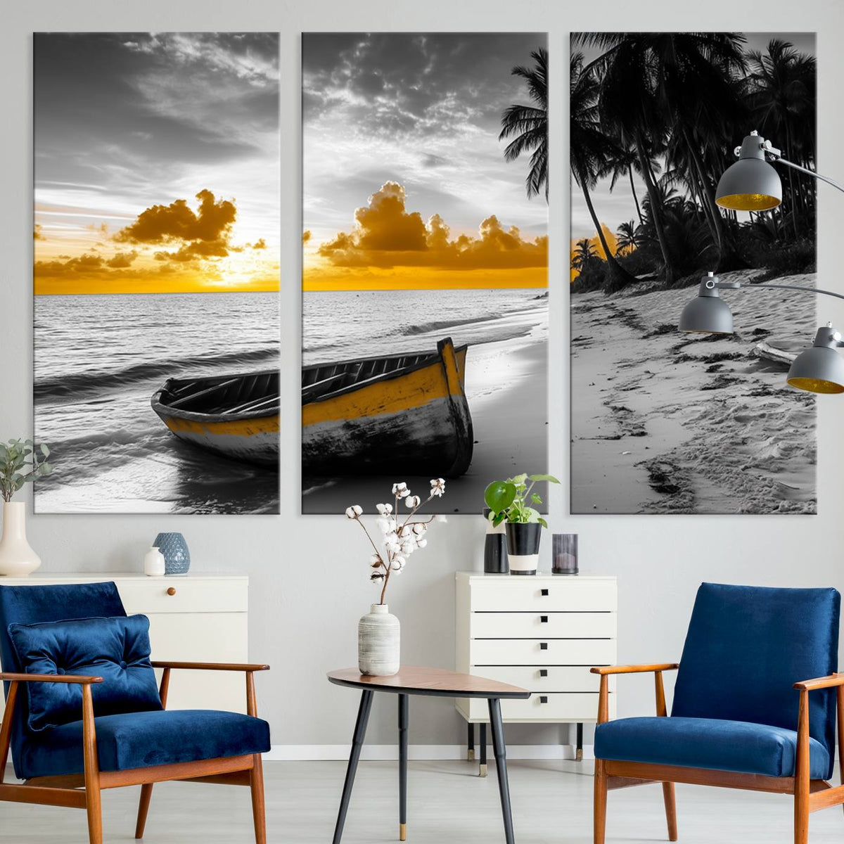 Yellow Rowboat Wall Art – Framed Tropical Shoreline Canvas