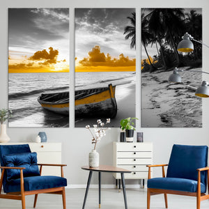 Yellow Rowboat Wall Art – Framed Tropical Shoreline Canvas