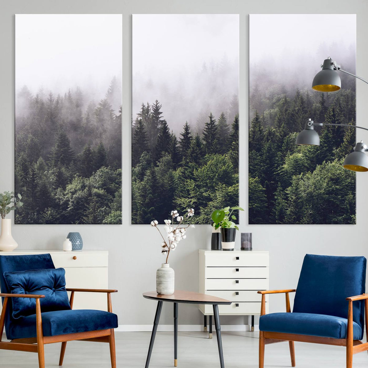 Misty Forest Wall Art Canvas Print, Serene Foggy Pines and