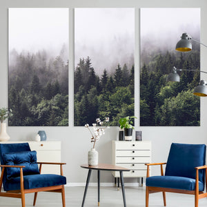 Misty Forest Wall Art Canvas Print, Serene Foggy Pines and