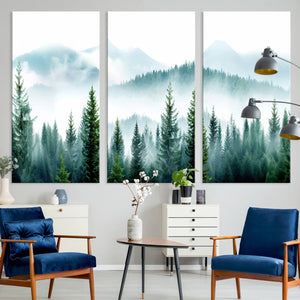 Pine Forest Wall Art Canvas Print – Misty Mountains Foggy
