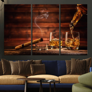 Whiskey and Cigar Wall Art Canvas | 3 Panel Bar Room Decor