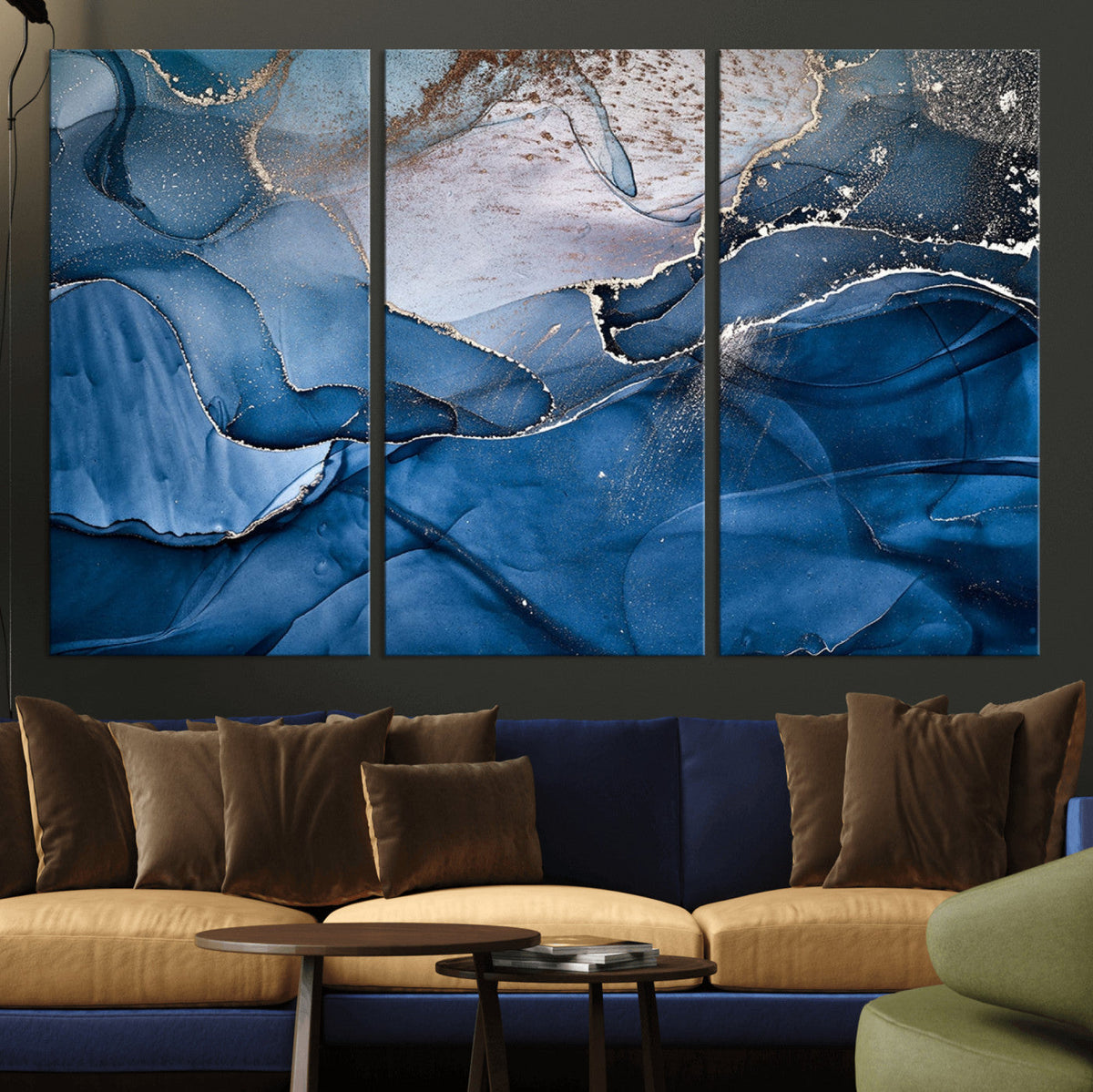 Navy Blue Canvas Art Abstract Print – Elegant Triptych