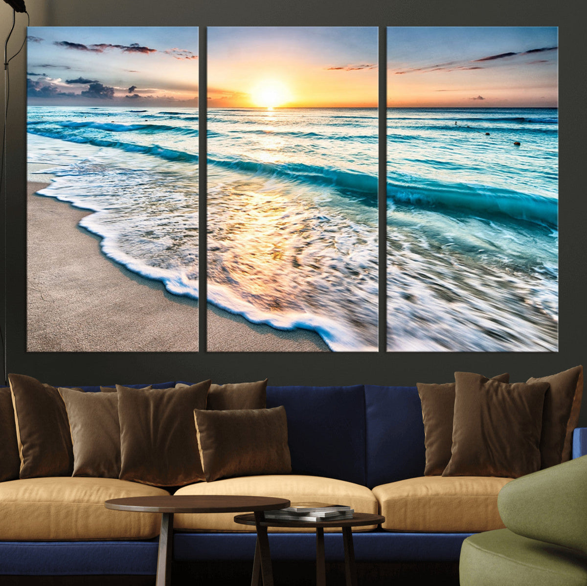 Sunset Beach Waves Canvas Wall Art – 5-Panel Ocean Sunset