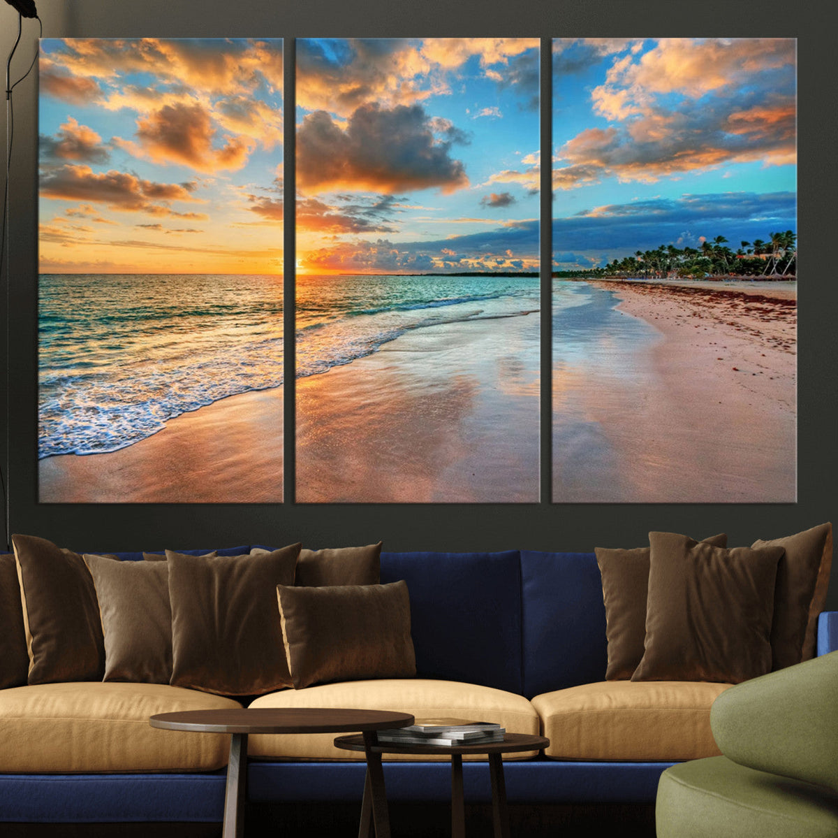 Sunset Ocean Waves on Tropical Beach, 3-Panel Giclee Canvas