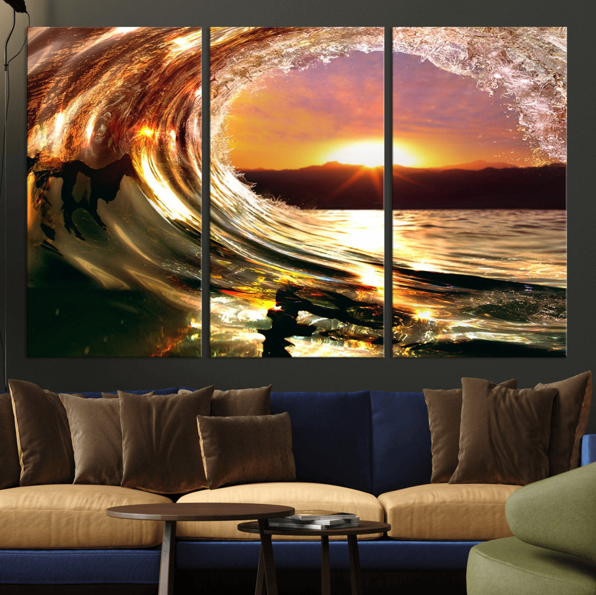 Golden Wave Sunset Triptych Canvas Art, Giclee Canvas Print