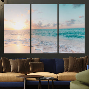 Tranquil Ocean Beach Sunset Canvas Wall Art | 3-Panel