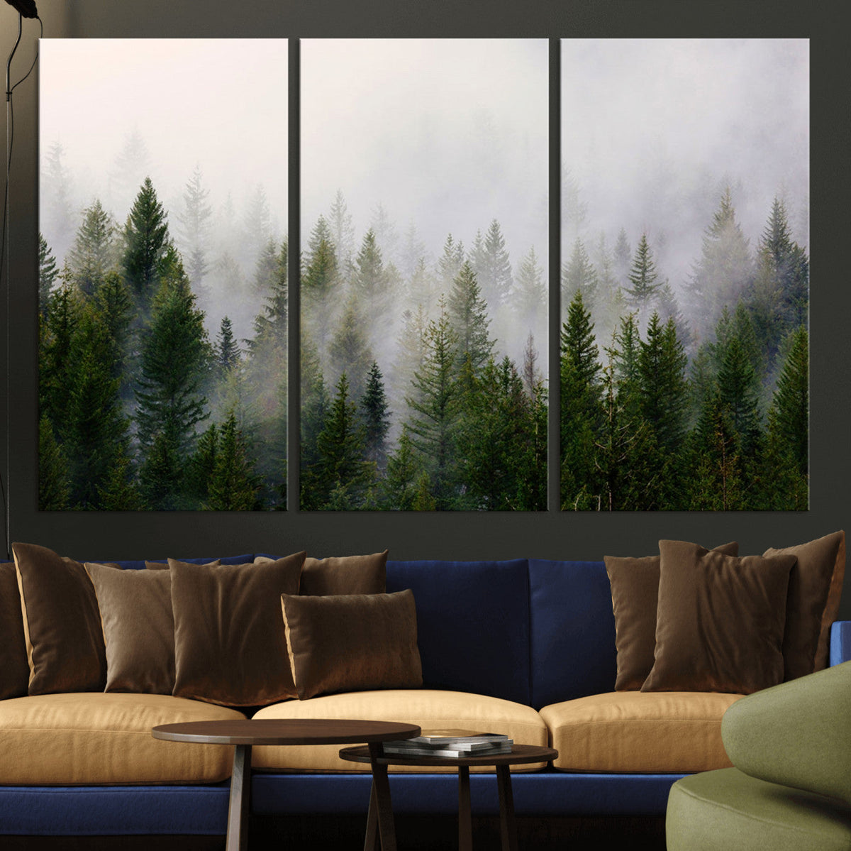 Misty Pine Forest Wall Art Canvas Print | 3 Panel Green