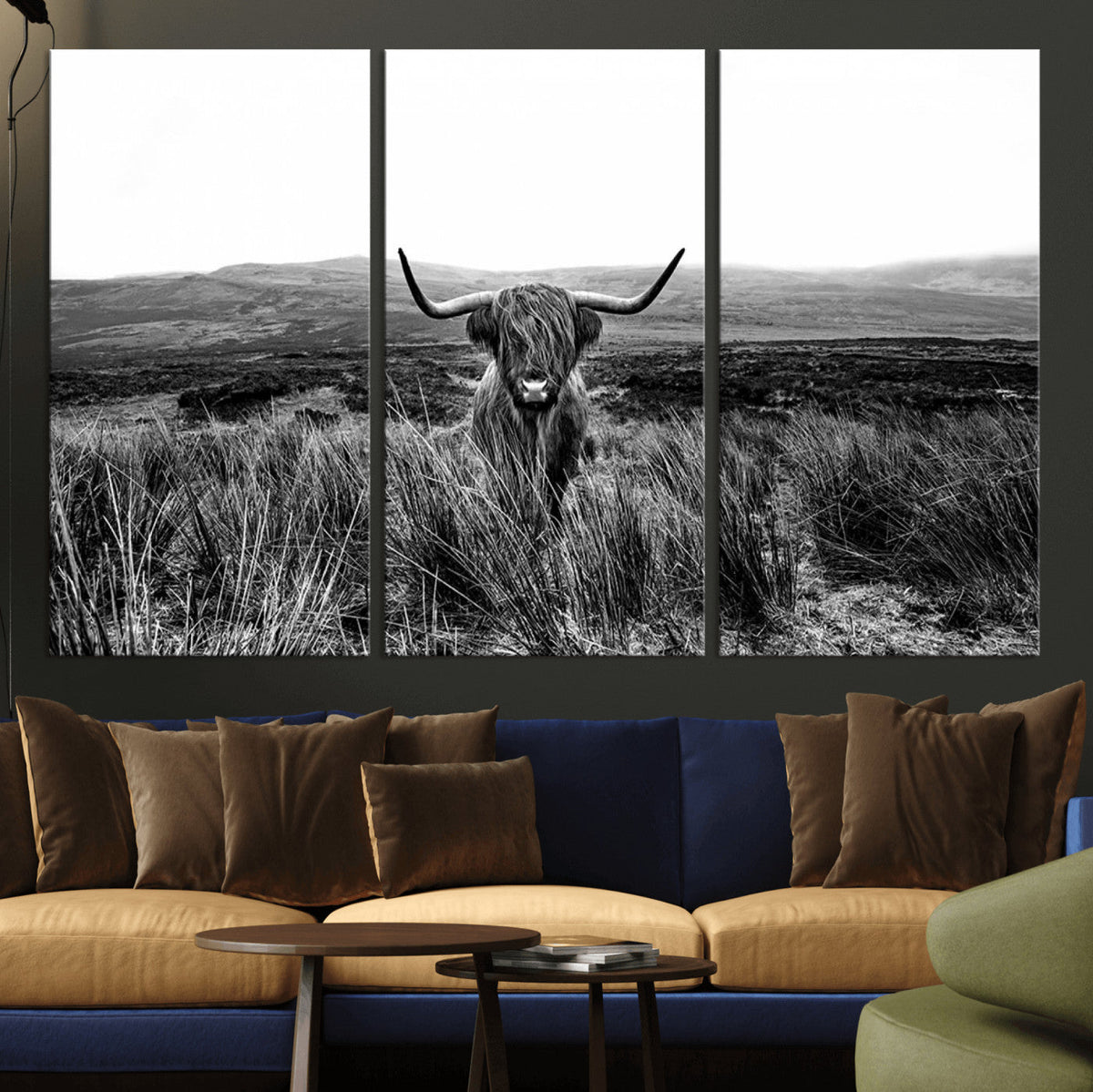 Black and White Highland Cow Canvas Wall Art, Longhorn