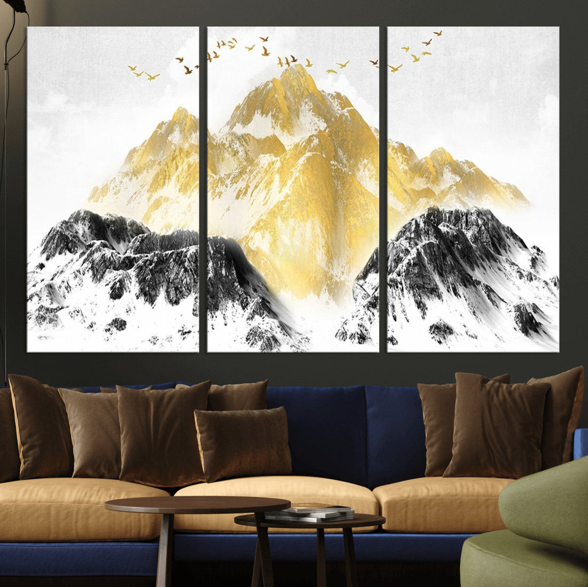 Golden Mountain Triptych Wall Art Canvas Print, Modern