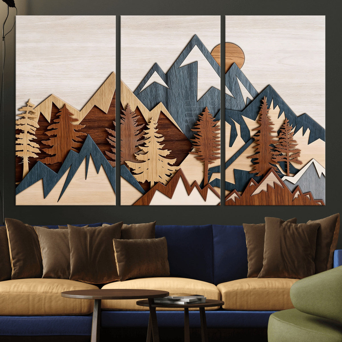 Rustic Abstract Wood Panel Effect Canvas Mountain Range Top