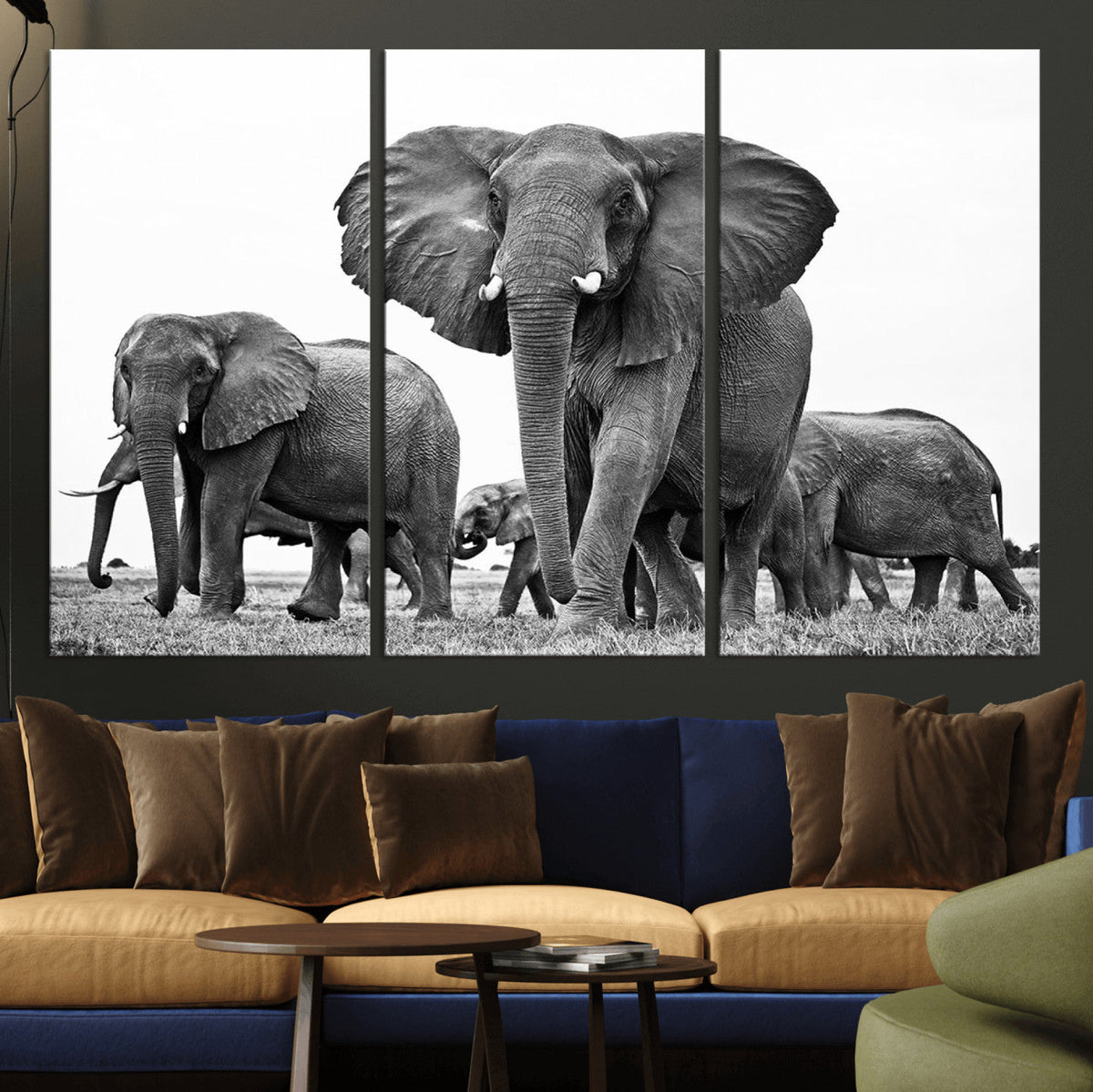 Black White Elephant Family Wall Art Canvas Print