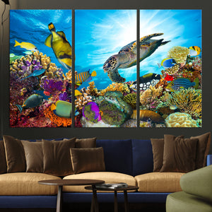 Colorful Coral Reef and Sea Life Turtle Canvas Print,
