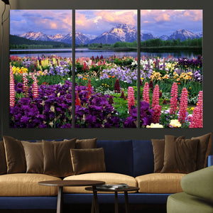 Vibrant Wildflower Garden and Mountain View Giclee Canvas