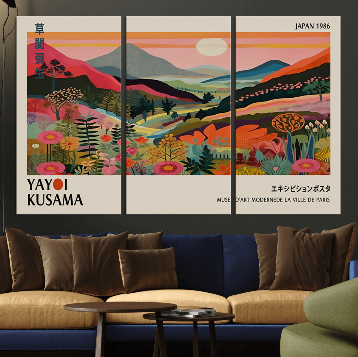 Yayoi Kusama Landscape Canvas Print, Vibrant Floral Mountain