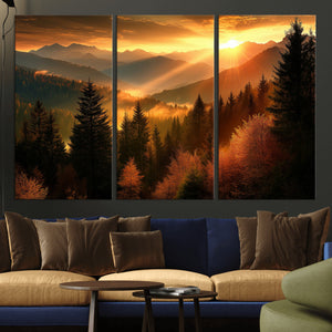 Golden Sunset Over Mountain Forest Canvas Wall Art Print -