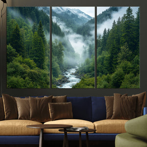 Mountain Forest River Canvas Wall Art Print - Serene Nature